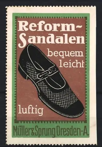 Reklamemarke Dresden, Müller & Sprung, Schuhe, Reform-Sandalen, Schuh mit Schnalle