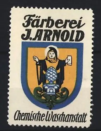 Reklamemarke J. Arnold, Färberei und Chemische Waschanstalt, Mönch mit Wappen