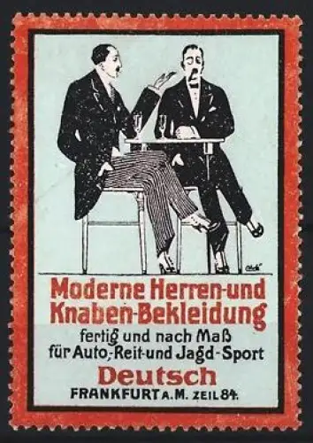 Reklamemarke Frankfurt a. M., Moderne Herren- und Knaben-Bekleidung, Zwei Herren im Gespräch