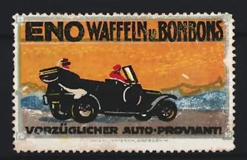 Reklamemarke Eno Waffeln u. Bonbons, Vorzüglicher Auto-Proviant, Auto im Sonnenuntergang