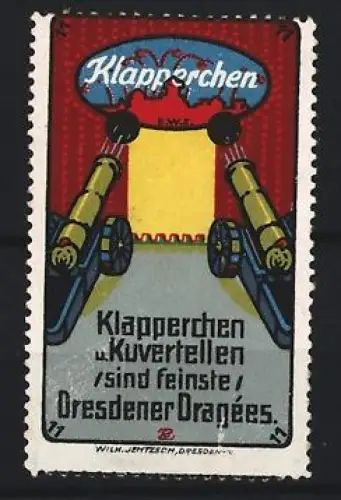 Reklamemarke Dresden, Klapperchen u. Kuvertellen, Dragées, Kanonen