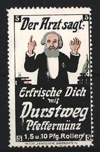 Reklamemarke Durstweg Pfeffermünz, Arzt mit erhobenen Händen