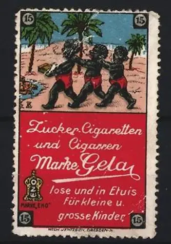 Reklamemarke Zucker-Cigaretten und Cigarren Marke Gela, Palmen und Figuren