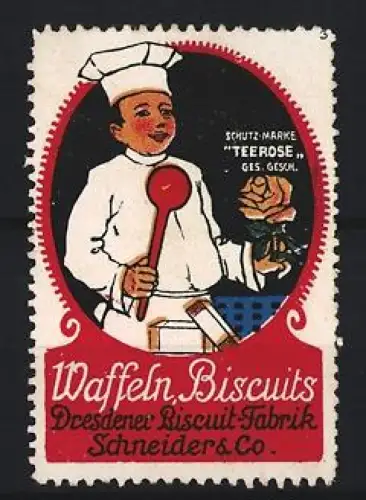 Reklamemarke Dresden, Schneider & Co., Waffeln und Biscuits, Koch mit Rose