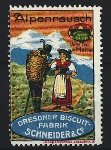 Reklamemarke Dresden, Biscuit-Fabrik Schneider & Co., Alpenrausch, Berglandschaft mit Figuren
