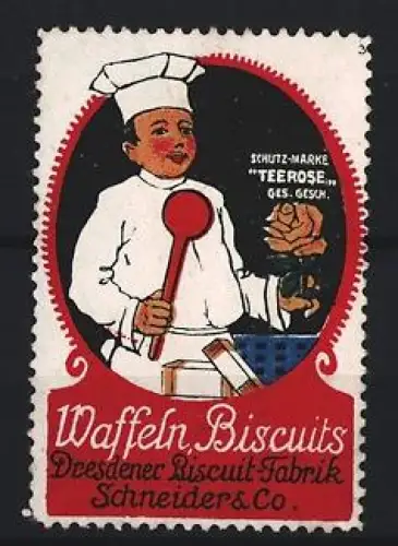 Reklamemarke Dresden, Schneider & Co., Waffeln und Biscuits, Koch mit Löffel