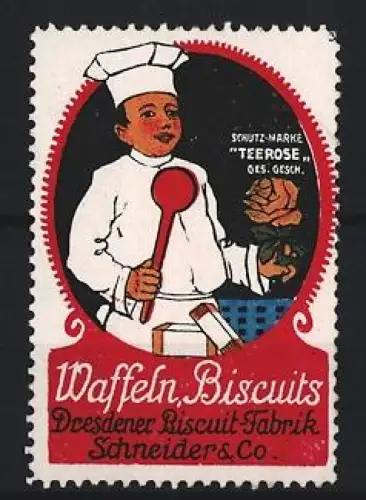 Reklamemarke Dresden, Schneider & Co., Waffeln und Biscuits, Koch mit Rose