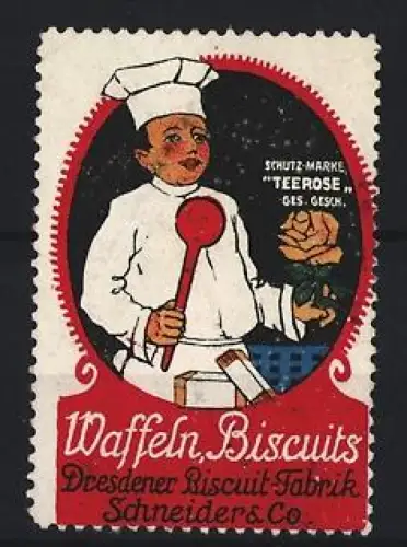 Reklamemarke Dresden, Schneider & Co., Waffeln und Biscuits, Bäcker mit Rose