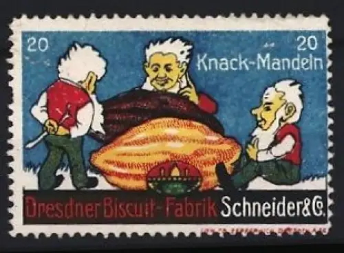 Reklamemarke Dresden, Biscuit-Fabrik Schneider & Co., Knack-Mandeln und Zwerge