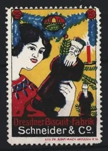 Reklamemarke Dresden, Dresdner Biscuit-Fabrik Schneider & Co, Frau mit Lebkuchen-Weihnachtsmann