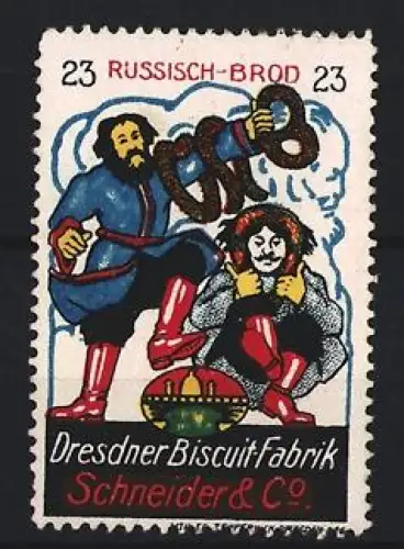 Reklamemarke Dresden, Schneider & Co., Russisch-Brod, Figuren in roten Stiefeln