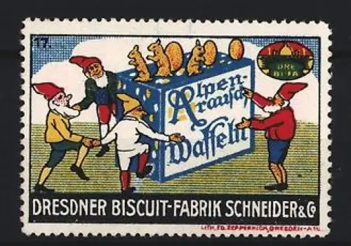 Reklamemarke Dresden, Biscuit-Fabrik Schneider & Co., Alpenkraut Waffeln, Zwerge
