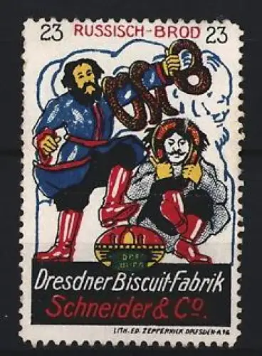 Reklamemarke Dresdner Biscuit-Fabrik Schneider & Co, Russisch Brod, Bäcker mit Brezel