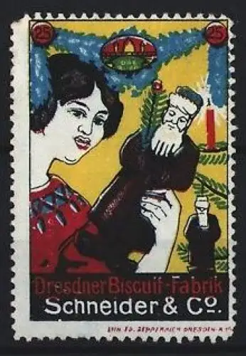 Reklamemarke Dresden, Dresdner Biscuit Fabrik Schneider & Co., Frau mit Lebkuchenmann