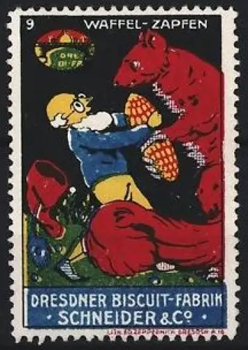 Reklamemarke Dresden, Biscuitfabrik Schneider & Co., Waffel-Zapfen, Mann mit Eichhörnchen