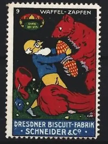 Reklamemarke Dresden, Dresdner Biscuit-Fabrik Schneider & Co., Mann mit Eichhörnchen