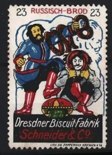Reklamemarke Dresden, Dresdner Biscuit Fabrik Schneider & Co, russische Figuren