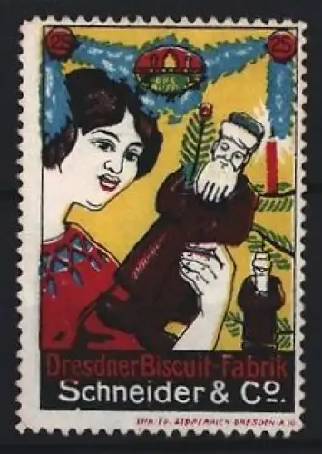 Reklamemarke Dresden, Dresdner Biscuit-Fabrik Schneider & Co, Frau mit Lebkuchenmann