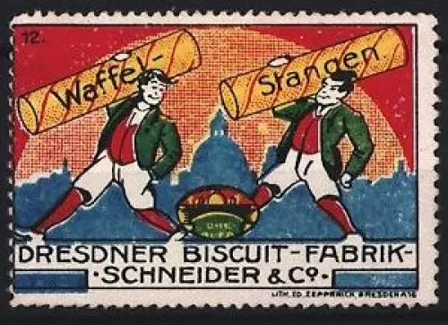 Reklamemarke Dresden, Dresdner Biscuit-Fabrik Schneider & Co., Waffel-Stangen