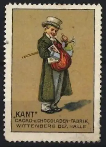 Reklamemarke Wittenberg, Kant Cacao-u. Chocoladen-Fabrik, Mann mit Zylinder und Schokoladentafeln