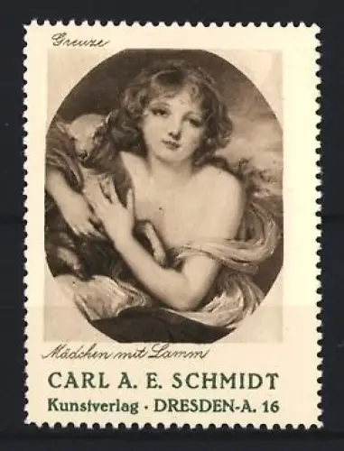 Reklamemarke Dresden, Kunstverlag Carl A. E. Schmidt, Mädchen mit Lamm