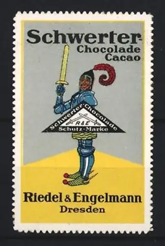 Reklamemarke Dresden, Riedel & Engelmann, Schwerter Chocolade Cacao, Ritter mit Schwert