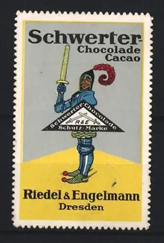 Reklamemarke Dresden, Riedel & Engelmann, Schwerter Chocolade Cacao, Ritter mit Schwert