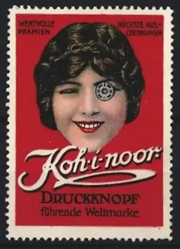 Reklamemarke Koh-i-noor, Druckknöpfe, Frauenkopf mit Druckknopf