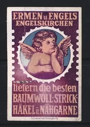 Reklamemarke Engelskirchen, Ermen u. Engels, Strick- und Nähgarne, Engel