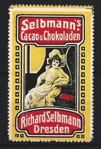 Reklamemarke Dresden, Selbmann`s Cacao u. Chocoladen, sitzende Dame
