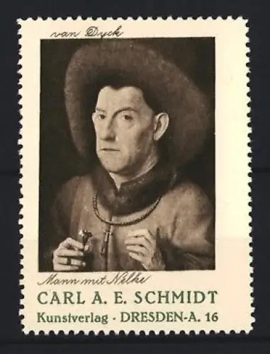 Reklamemarke Dresden, Kunstverlag Carl A. E. Schmidt, Mann mit Nelke