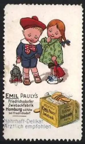 Reklamemarke Homburg, Emil Pauly`s Zwiebackfabrik, Kinder mit Spielzeug und Zwiebackschachtel