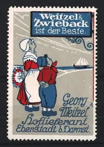 Reklamemarke Eberstadt, Weitzel`s Zwieback, Frau und Kind am Meer