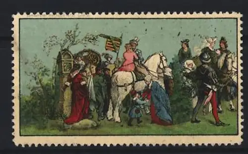 Reklamemarke Mittelalterliche Szene mit sächsischem Wappen