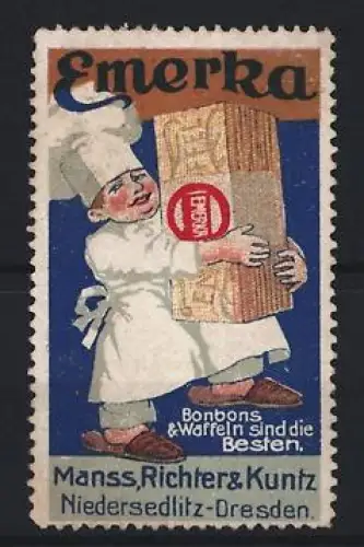 Reklamemarke Niedersedlitz-Dresden, Manss, Richter & Kuntz, Emerka Bonbons & Waffeln