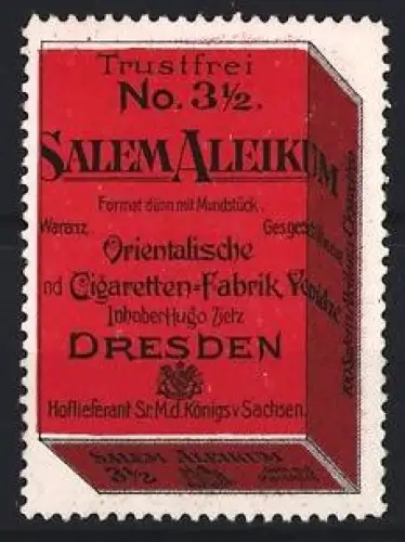 Reklamemarke Dresden, Cigarettenfabrik Hugo Zietz, Salem Aleikum, Zigarettenpackung