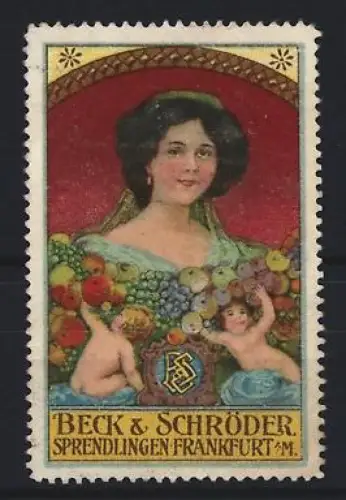 Reklamemarke Sprendlingen, Frankfurt a.M., Beck & Schröder, Frau mit Früchten und Putten