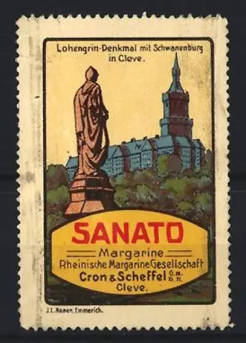 Reklamemarke Cleve, Cron & Scheffel GmbH, Sanato Margarine, Lohengrin-Denkmal mit Schwanenburg