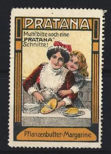 Reklamemarke Pratana, Pflanzenbutter-Margarine, Mutter und Kind am Tisch