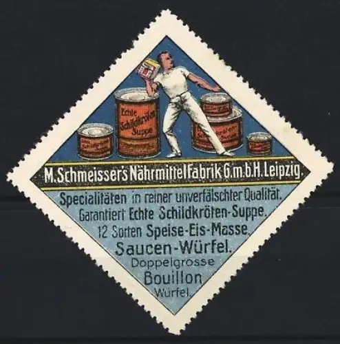 Reklamemarke Leipzig, M. Schmeisser`s Nährmittelfabrik, Schildkrötensuppe und Saucen-Würfel