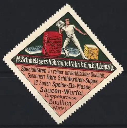 Reklamemarke Leipzig, M. Schmeisser`s Nährmittelfabrik, Saucen-Würfel und Bouillon-Würfel, Schildkröten-Suppe