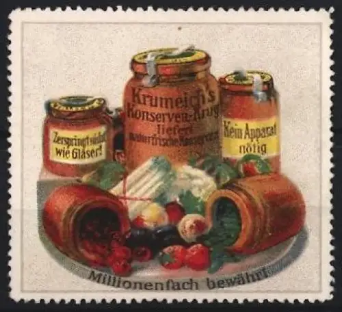 Reklamemarke Krumeichs Konserven-Krug, Konservendosen und Früchte