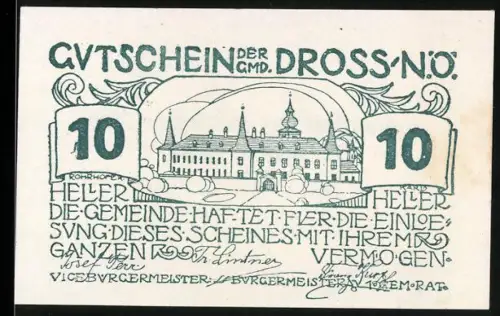 Notgeld Dross /N. Ö. 1920, 10 Heller, Schlossansicht und Textgestaltung