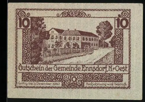 Notgeld Ennsdorf /N.-Oest 1920, 10 Heller, Gebäudeansicht mit dekorativem Rahmen