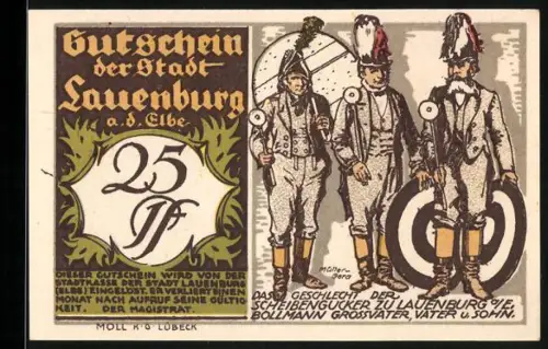 Notgeld Lauenburg a. d. Elbe, 25 Pf, Schiessgesellschaft und Fachwerkhäuser