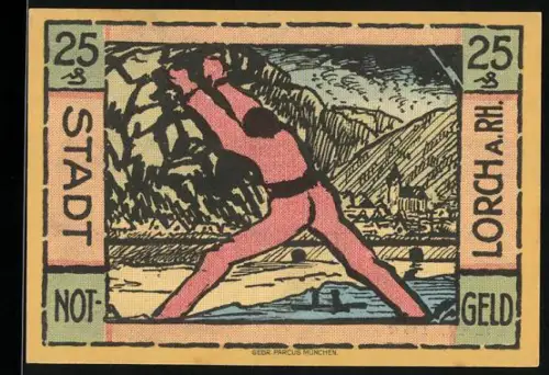 Notgeld Lorch a. Rh. 1921, 25 Pfennig, Mensch in Landschaft und Siegel mit Ritterdarstellung