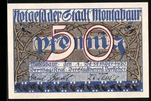Notgeld Montabaur 1920, 50 Pfennig, Stadtwappen mit Burg und Figur in Blau und Rot