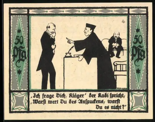Notgeld Mülsen-St.-Jakob 1921, 50 Pfennig, Gerichtsszene und historische Figuren mit Wappen