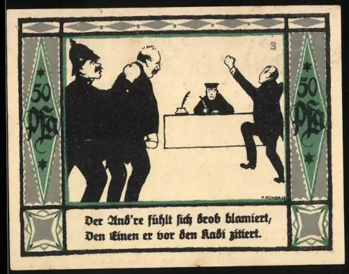 Notgeld Mülsen-St.-Jakob 1921, 50 Pfennig, humorvolle Gerichtsszene und zwei Männer mit Hämmern