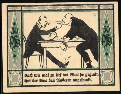 Notgeld Mülsen-St.-Jakob 1921, 50 Pfennig, Männer am Tisch mit humorvollem Spruch